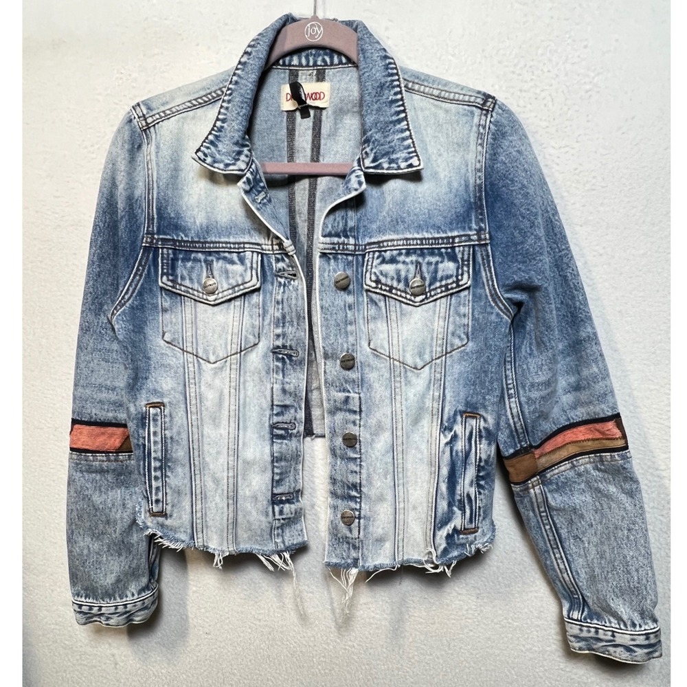 Driftwood Trucker Denim Jacket Light Wash Patchwork Stripe Raw Hem Small 2917